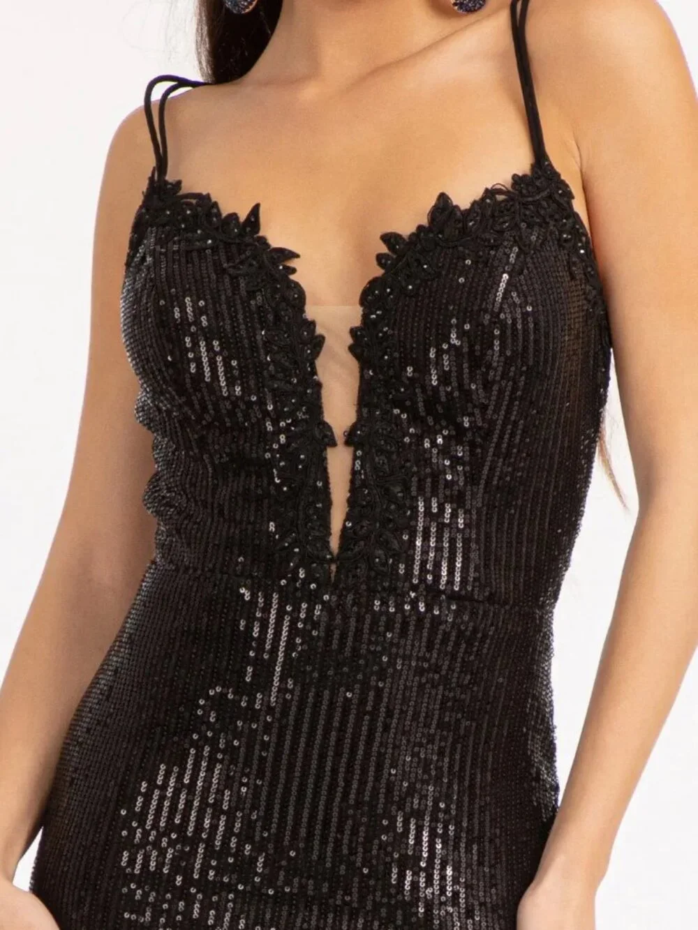 NEW BLACK Sequin & Embroidered V-Neck Prom Gown Floor Length With Slit GL3050
